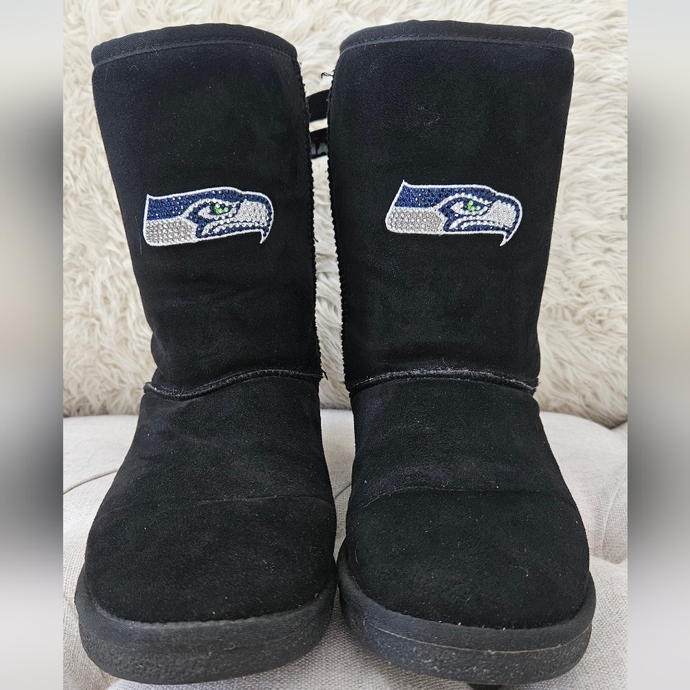 NFL Seattle Seahawks Bling  Cuce Black Faux Fur Boots Sz 8W Superbowl Champs